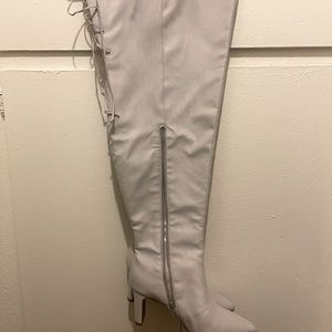 FTF soft grey thigh high, wide calf boots